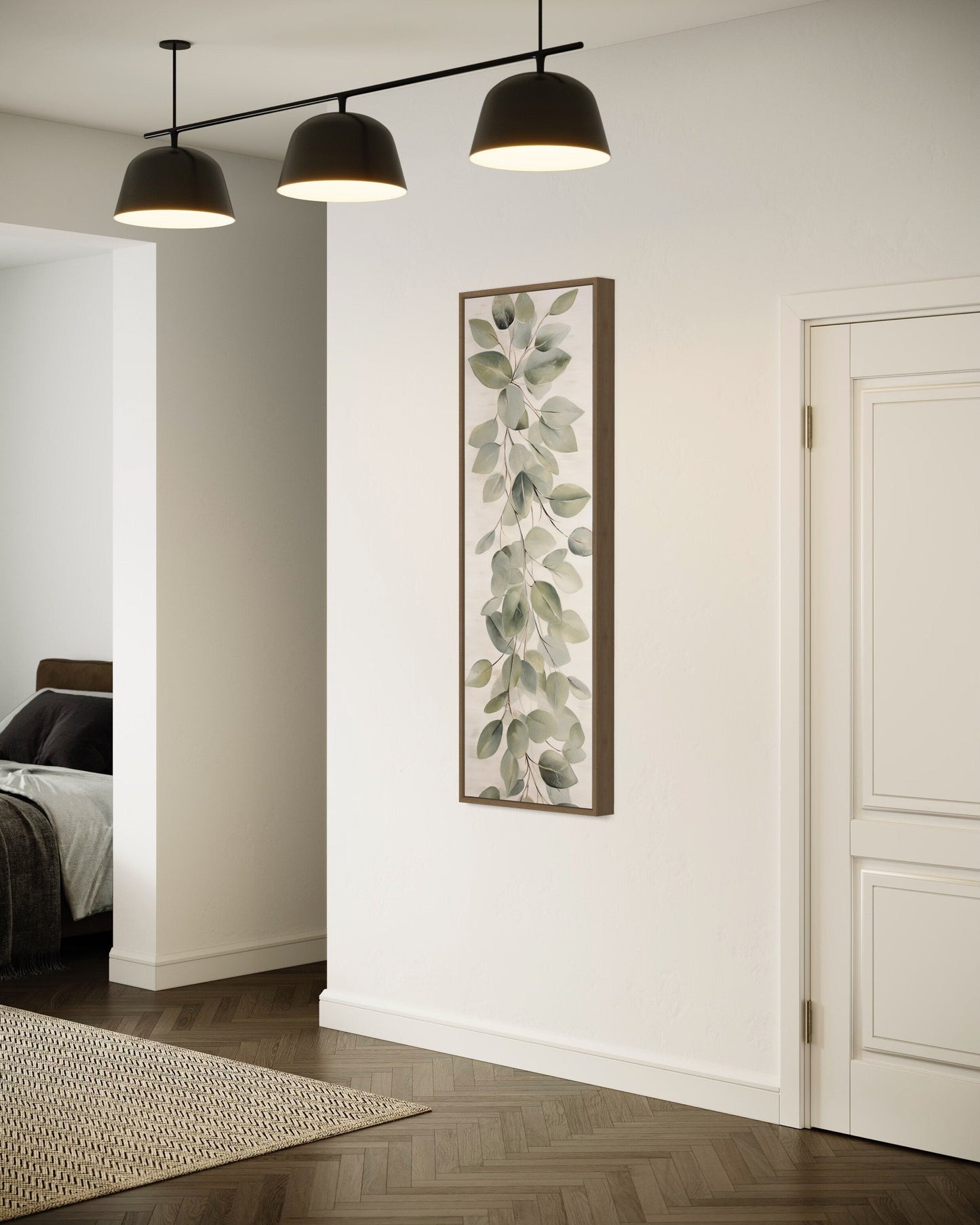 Tall Narrow Vintage Leaves Sage Green Beige Framed Canvas Wall Art