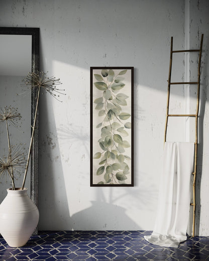Tall Narrow Vintage Leaves Sage Green Beige Framed Canvas Wall Art