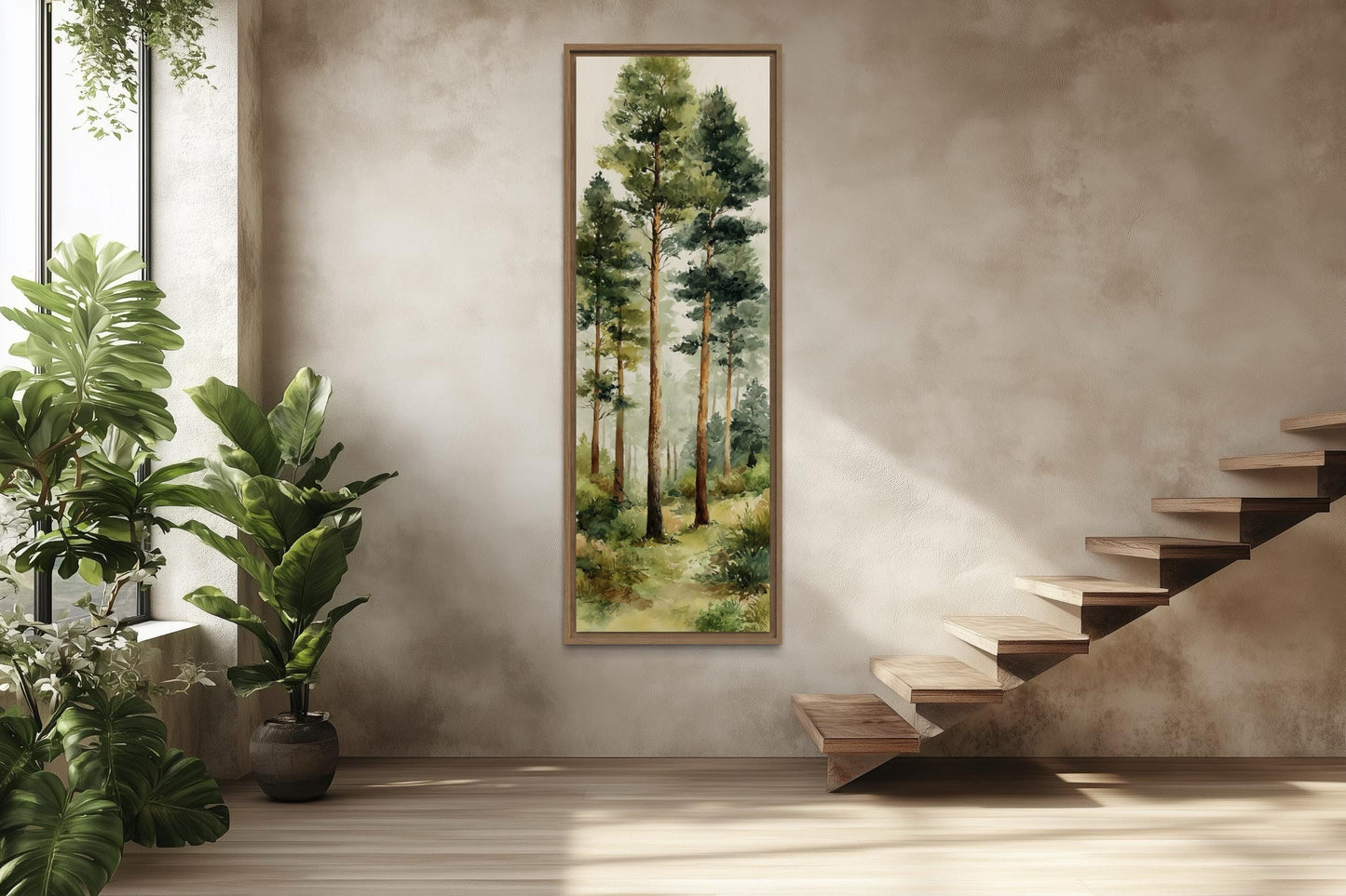 Tall Narrow Watercolor Pine Forest Vertical Canvas Wall Art
