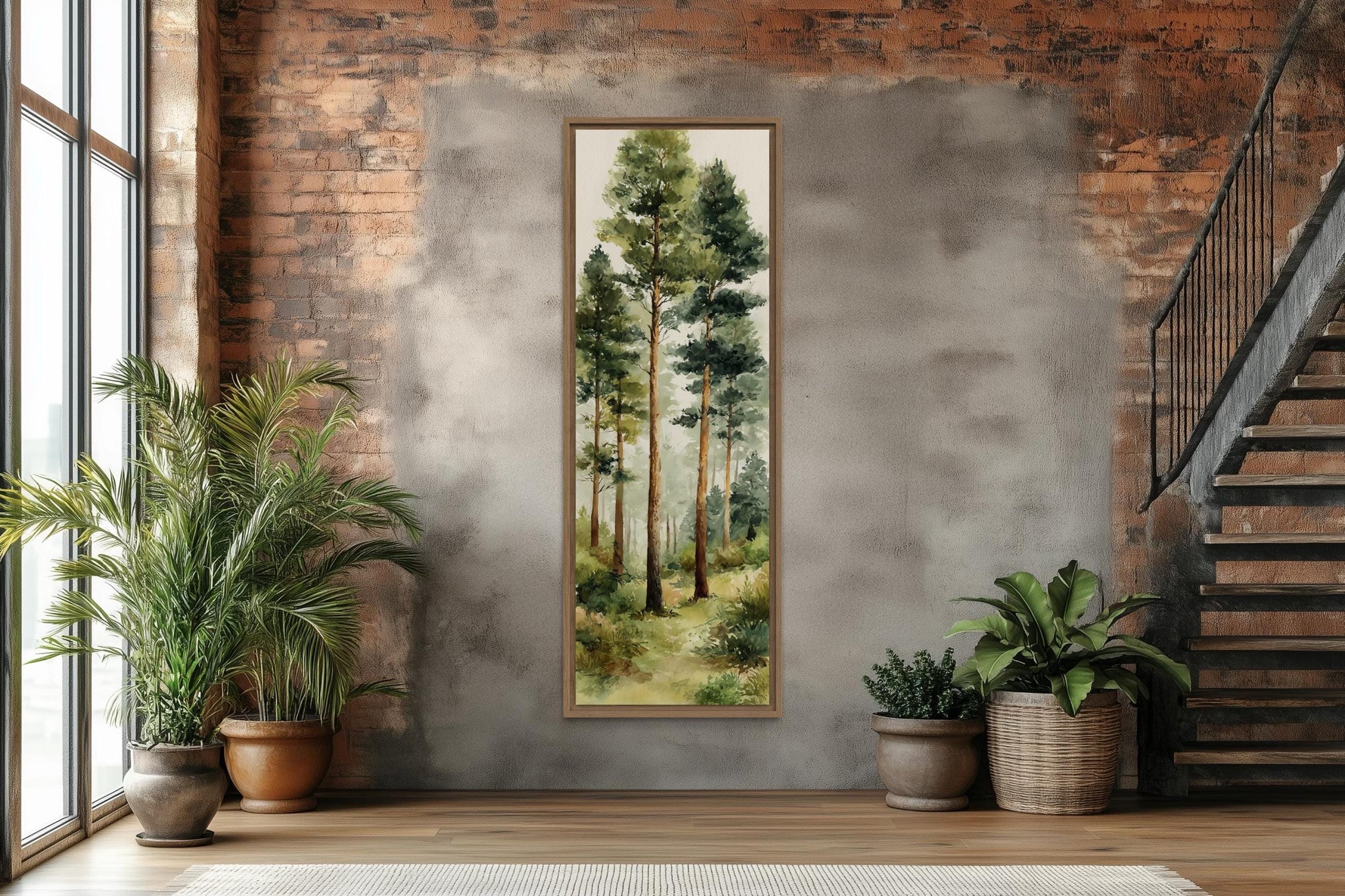 Tall Narrow Watercolor Pine Forest Vertical Canvas Wall Art