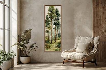 Tall Narrow Watercolor Pine Forest Vertical Canvas Wall Art