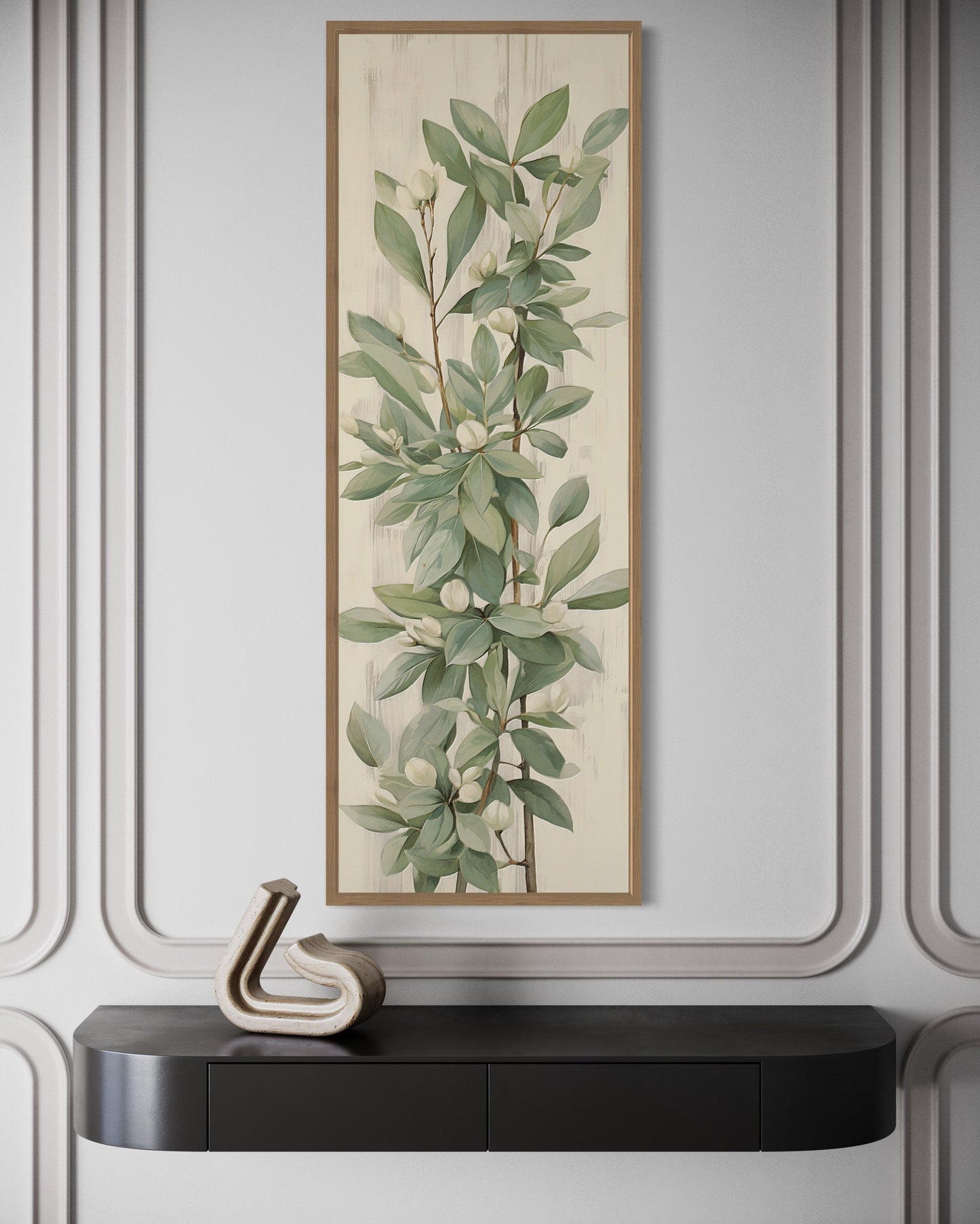 Tall Slim Vertical Vintage Sage Green Leaves Framed Canvas Wall Art