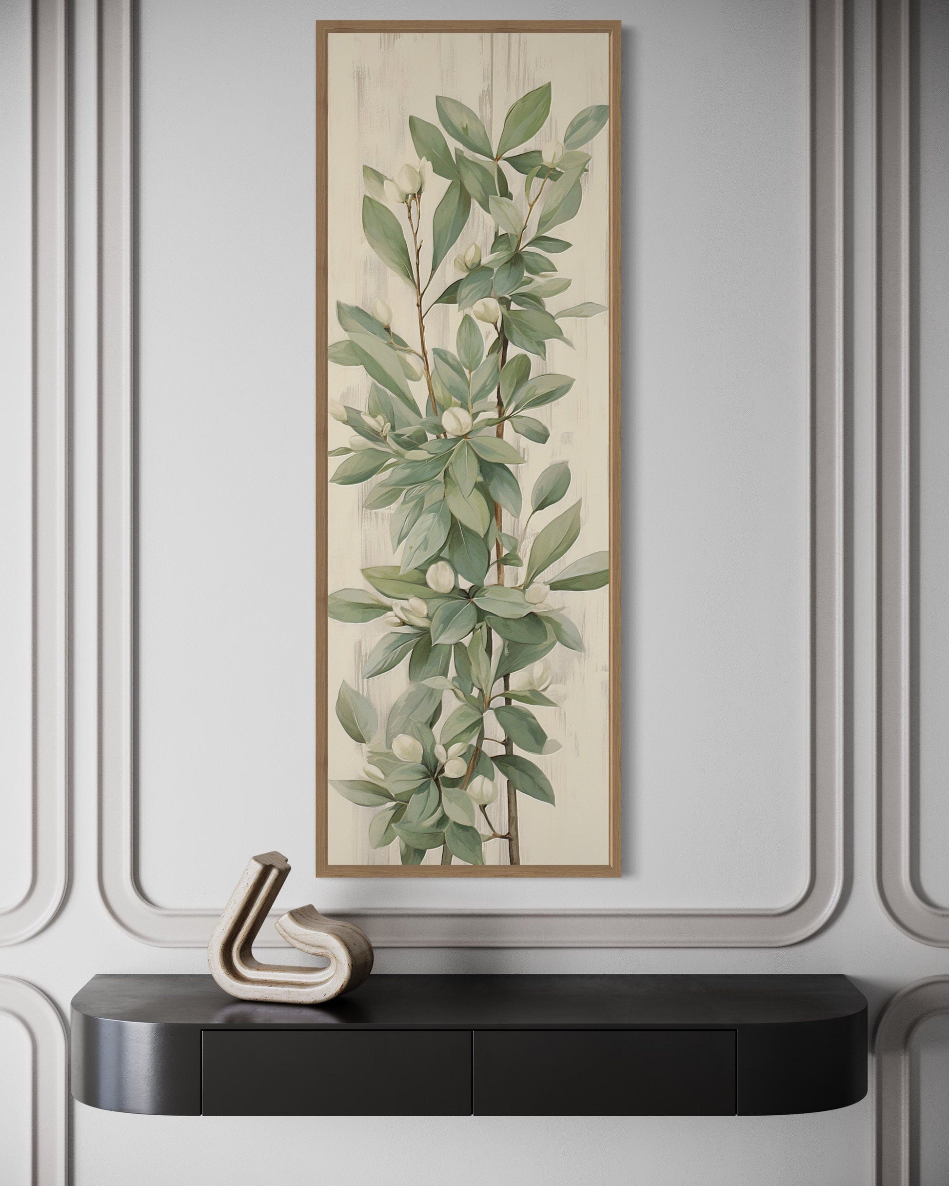 Tall Slim Vertical Vintage Sage Green Leaves Framed Canvas Wall Art