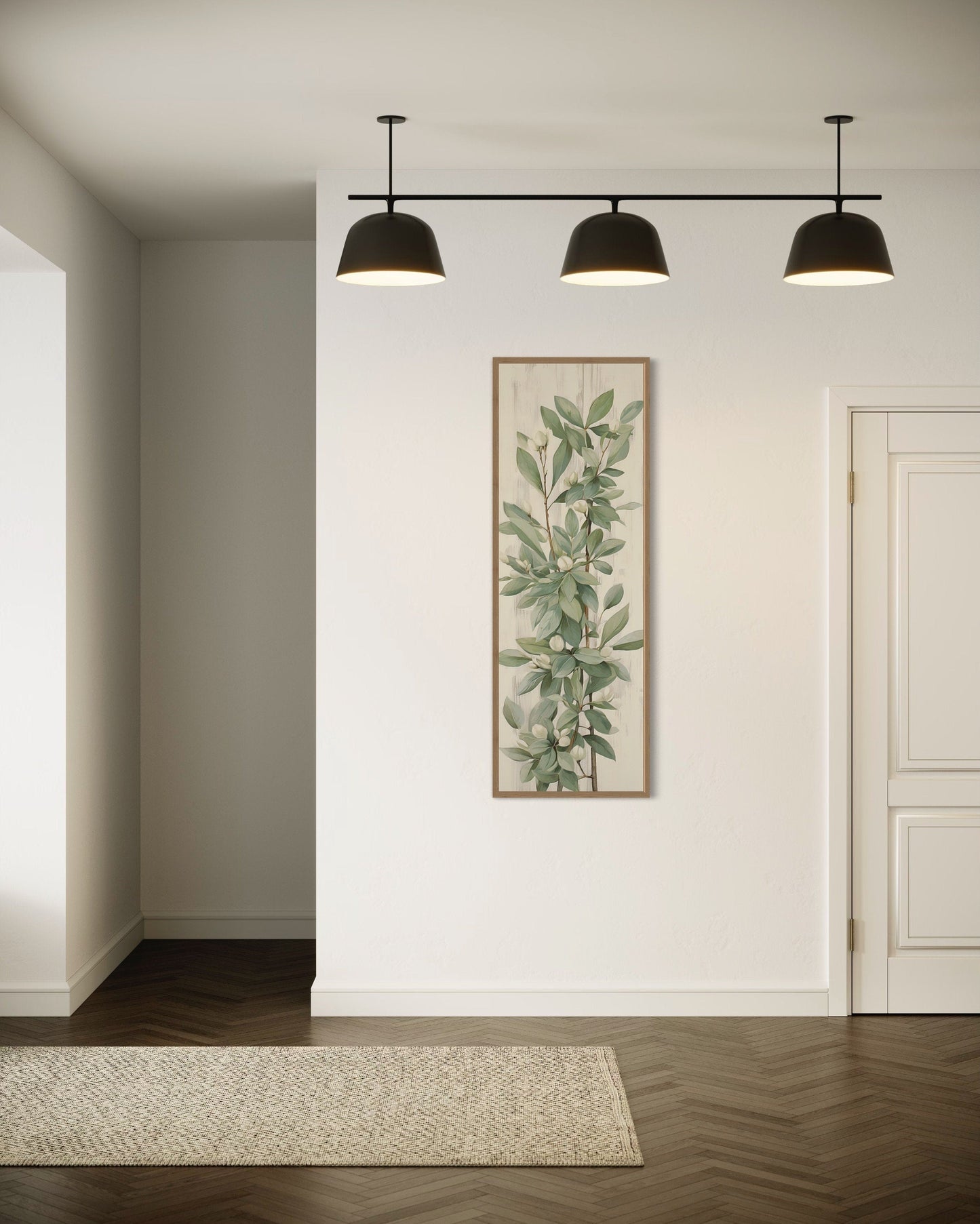 Tall Slim Vertical Vintage Sage Green Leaves Framed Canvas Wall Art