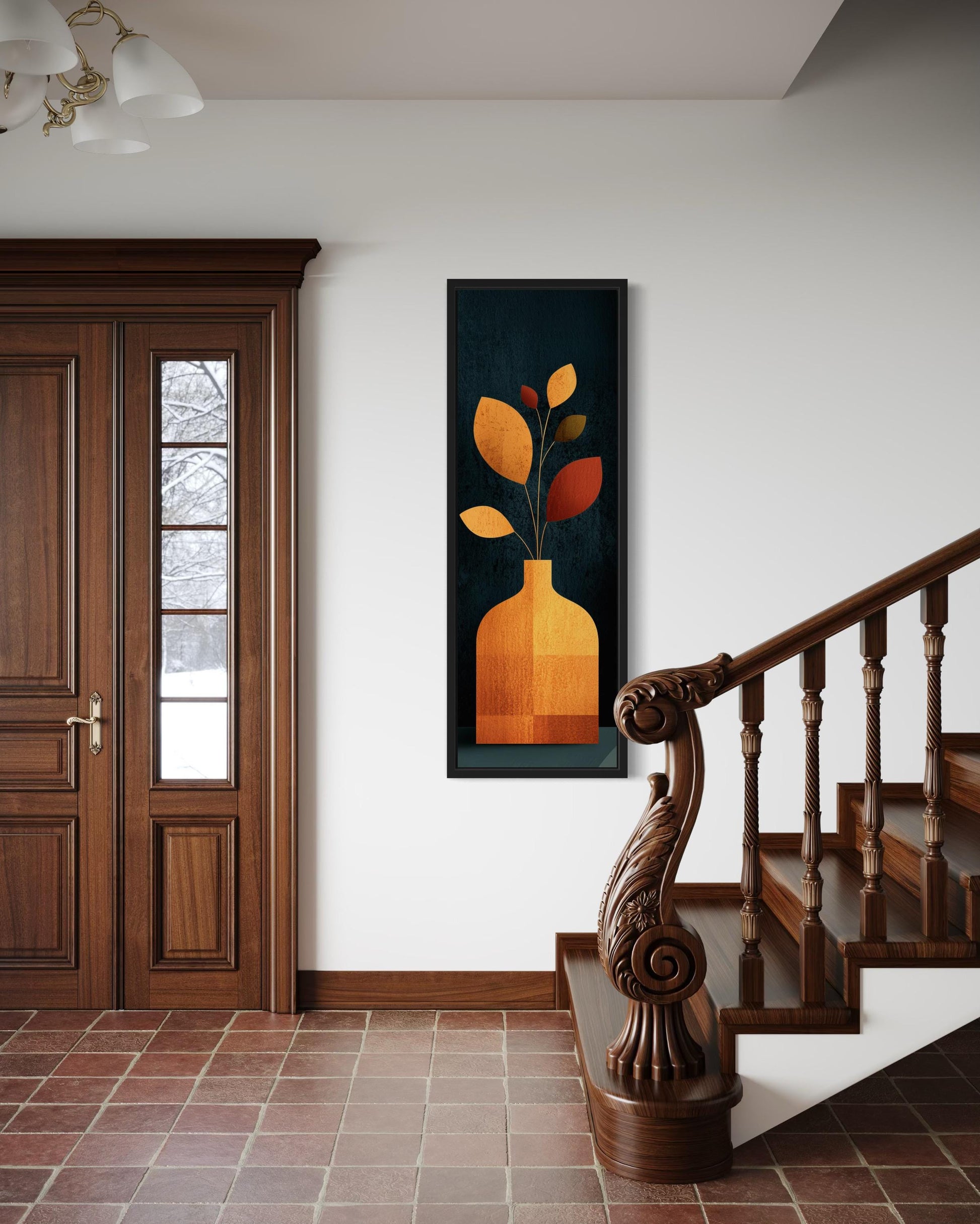 Tall Vertical Art Mid Century Modern Vase With Leaves And Dark Background Wall Art