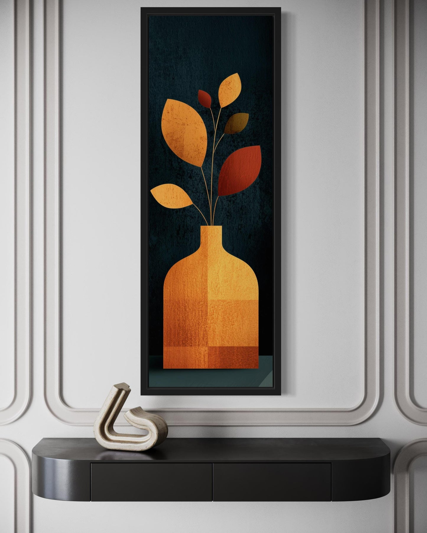 Tall Vertical Art Mid Century Modern Vase With Leaves And Dark Background Wall Art