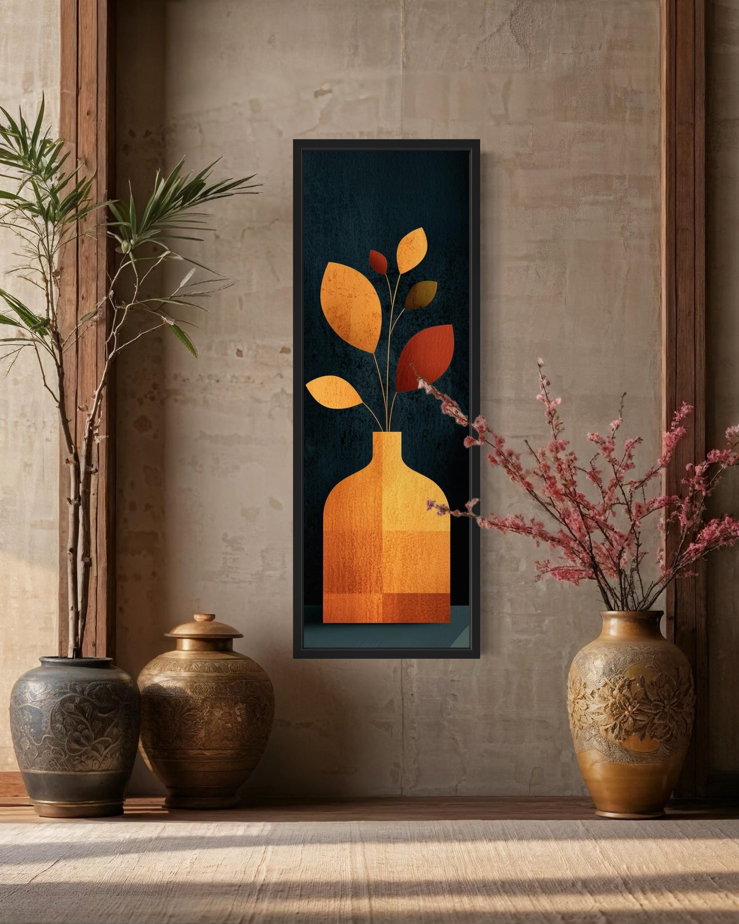 Tall Vertical Art Mid Century Modern Vase With Leaves And Dark Background Wall Art