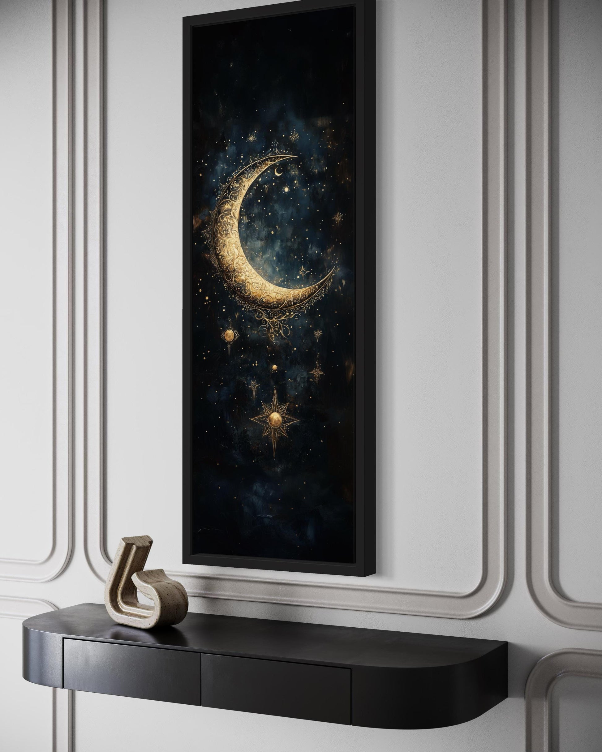 Tall Vertical Gold Crescent Moon And Star Wall Art