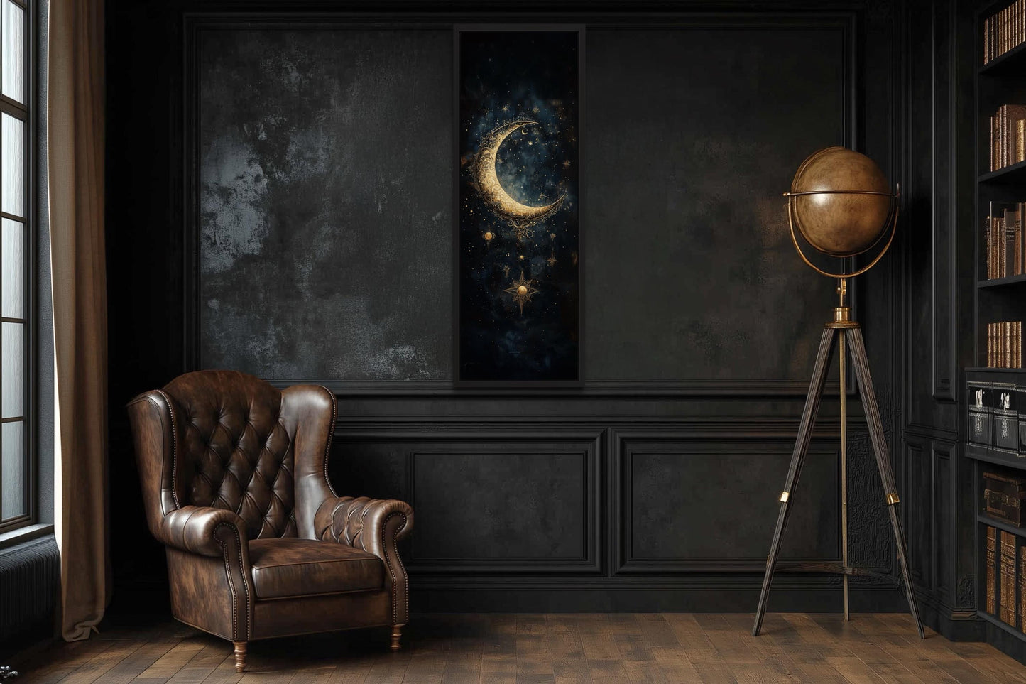 Tall Vertical Gold Crescent Moon And Star Wall Art