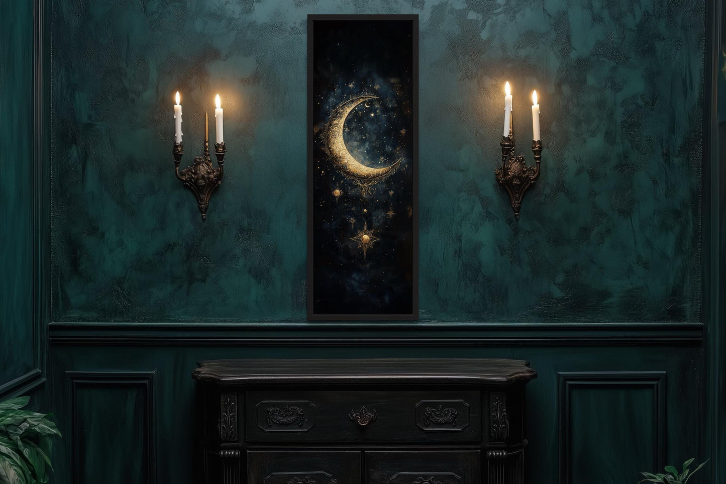 Tall Vertical Gold Crescent Moon And Star Wall Art