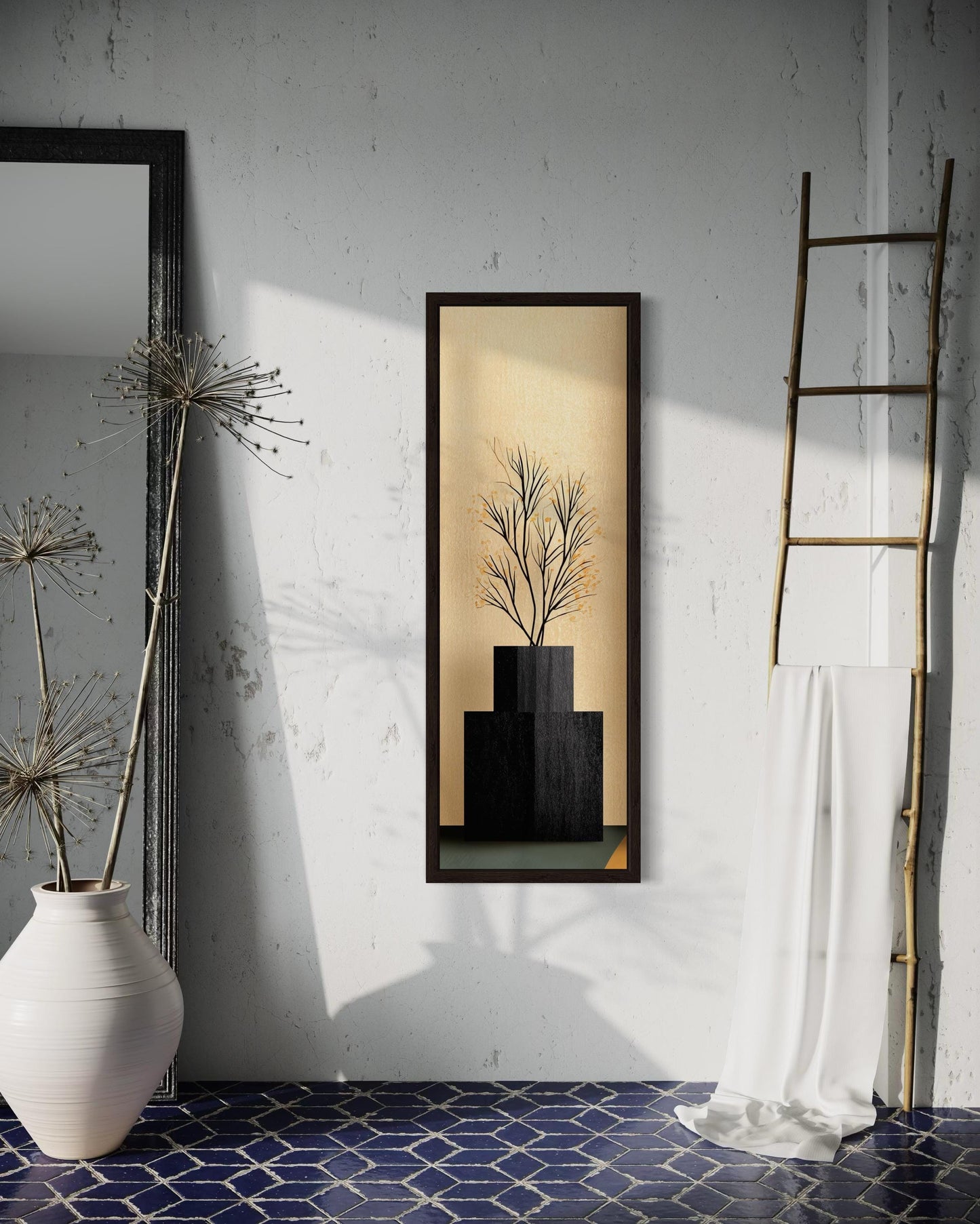 Tall Vertical Mid Century Modern Black Vase And Tree Wall Art