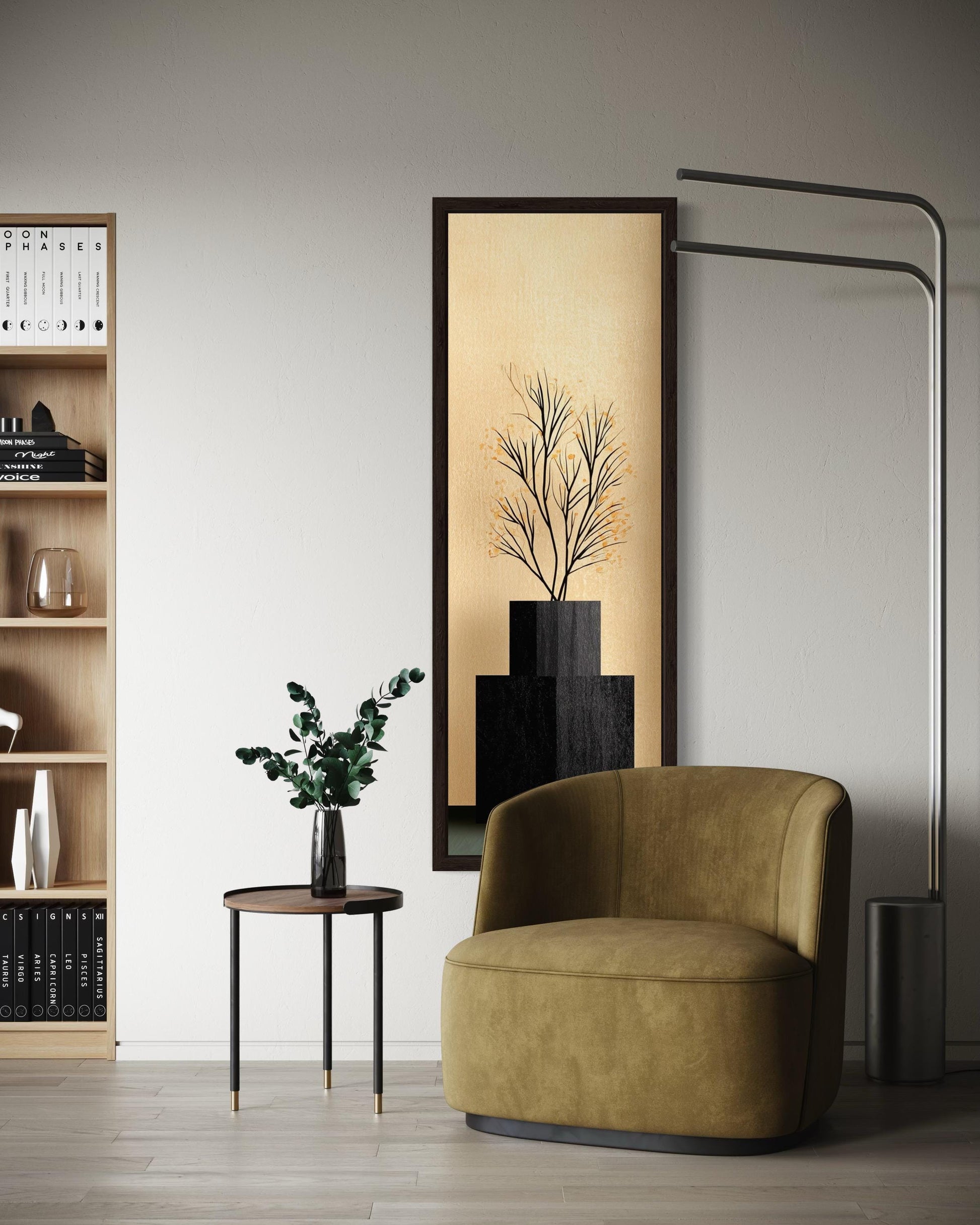 Tall Vertical Mid Century Modern Black Vase And Tree Wall Art