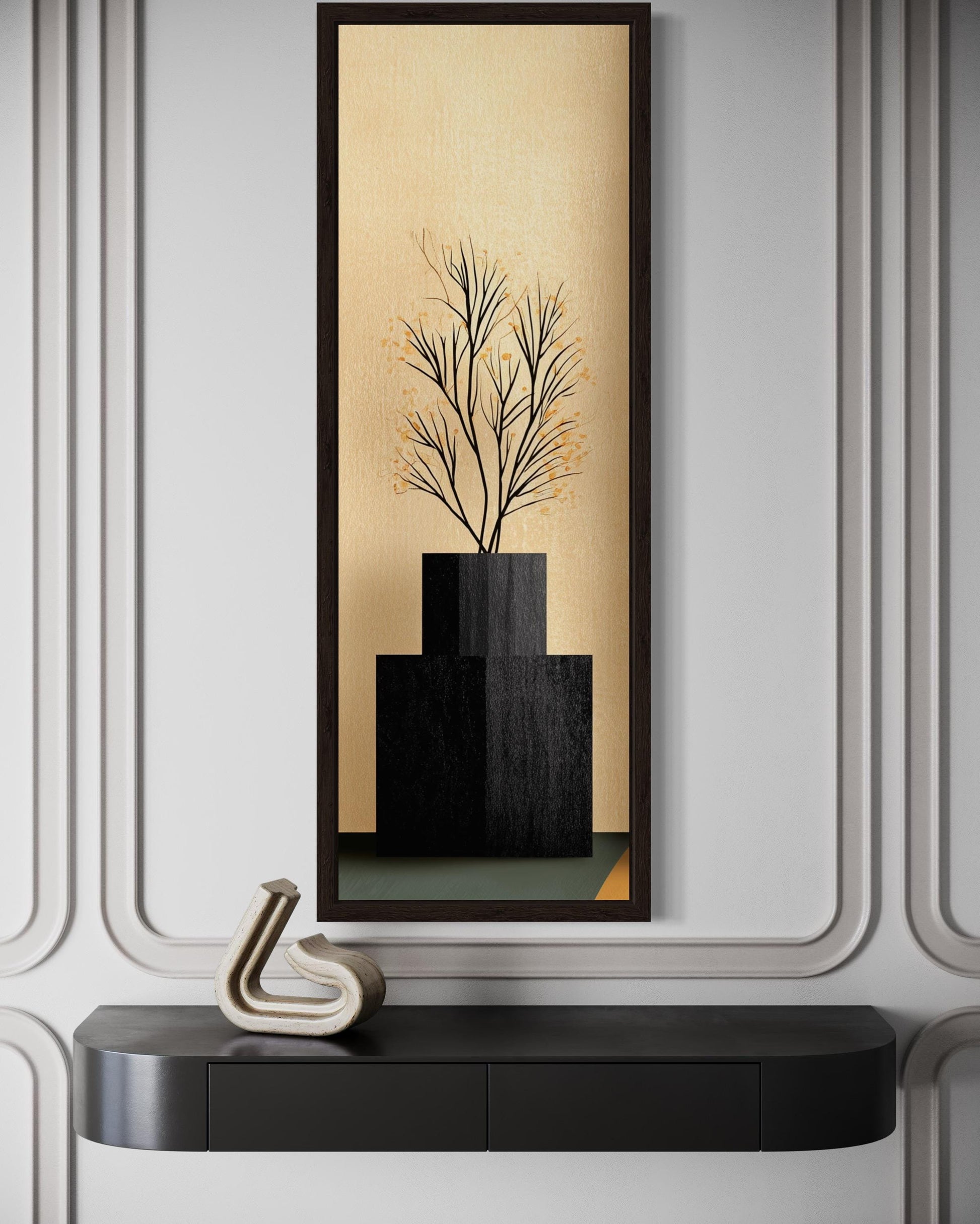 Tall Vertical Mid Century Modern Black Vase And Tree Wall Art