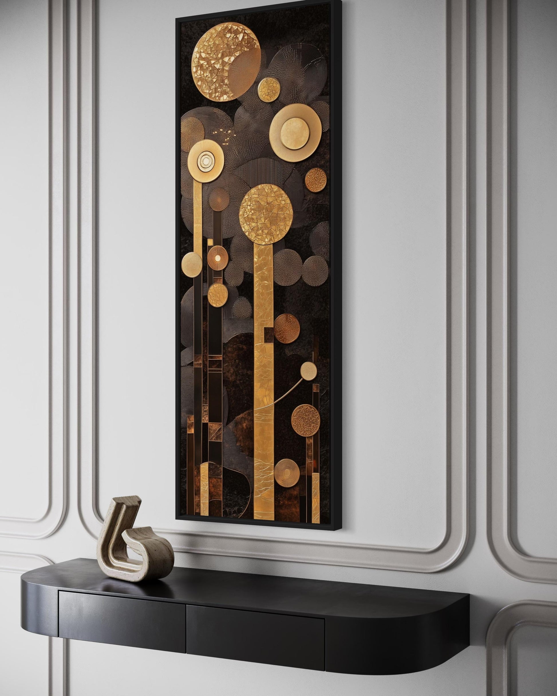Tall Vertical Mid Century Modern Geometric Brown and Gold Canvas Wall Art