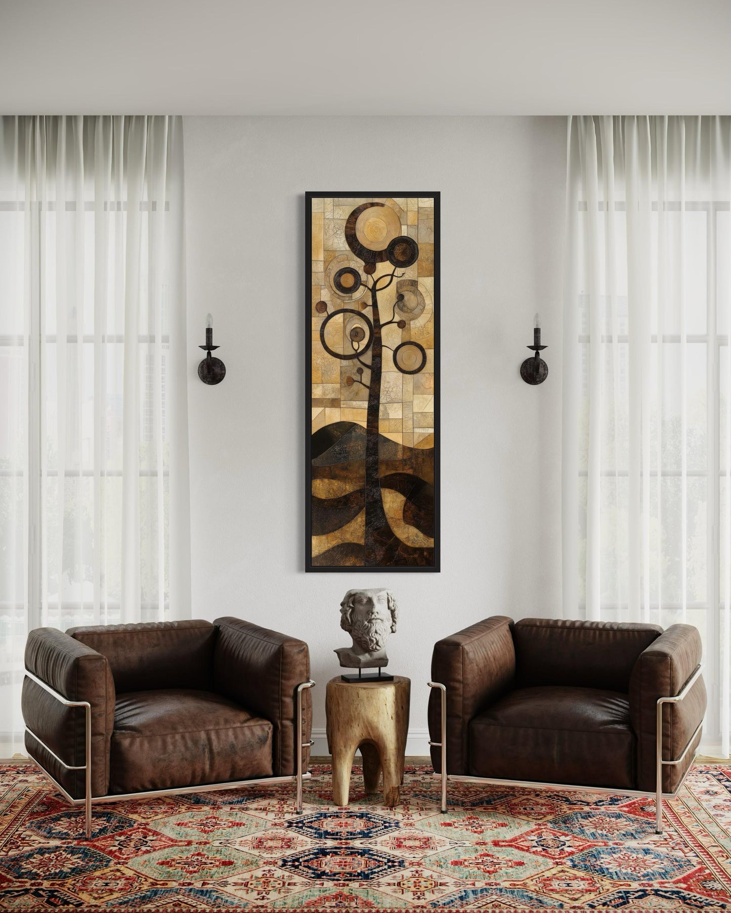 Tall Vertical Mid Century Modern Tree Geometric Canvas Wall Art