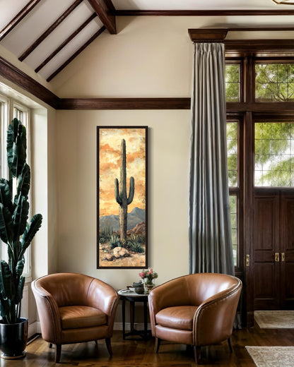 Tall Vertical Narrow Rustic Saguaro Cactus Framed Canvas Wall Art
