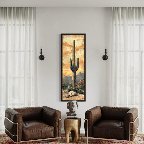 Tall Vertical Narrow Rustic Saguaro Cactus Framed Canvas Wall Art