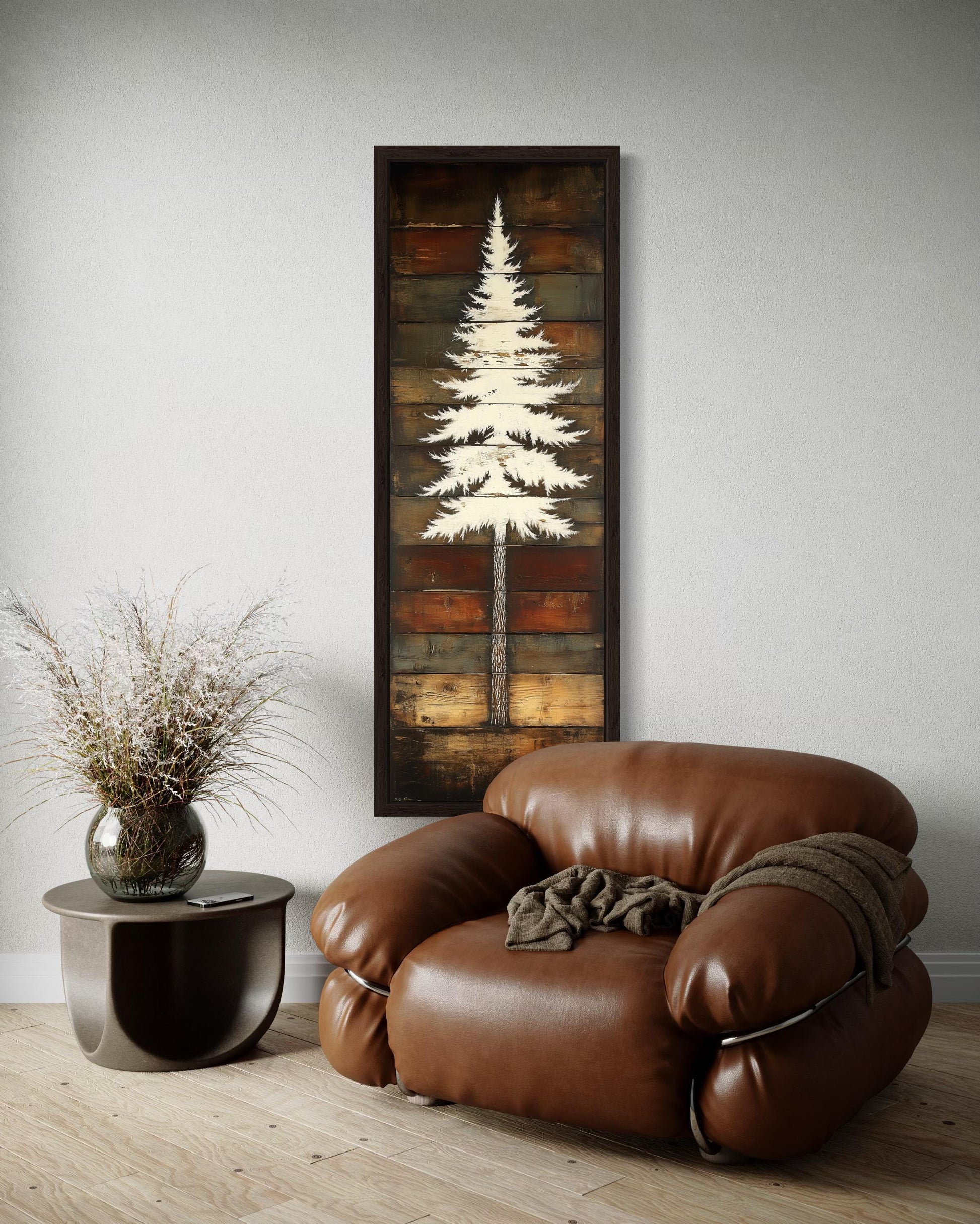 Tall Vertical Rustic Pine Tree Wood Style Canvas Wall Art For Cabin Decor