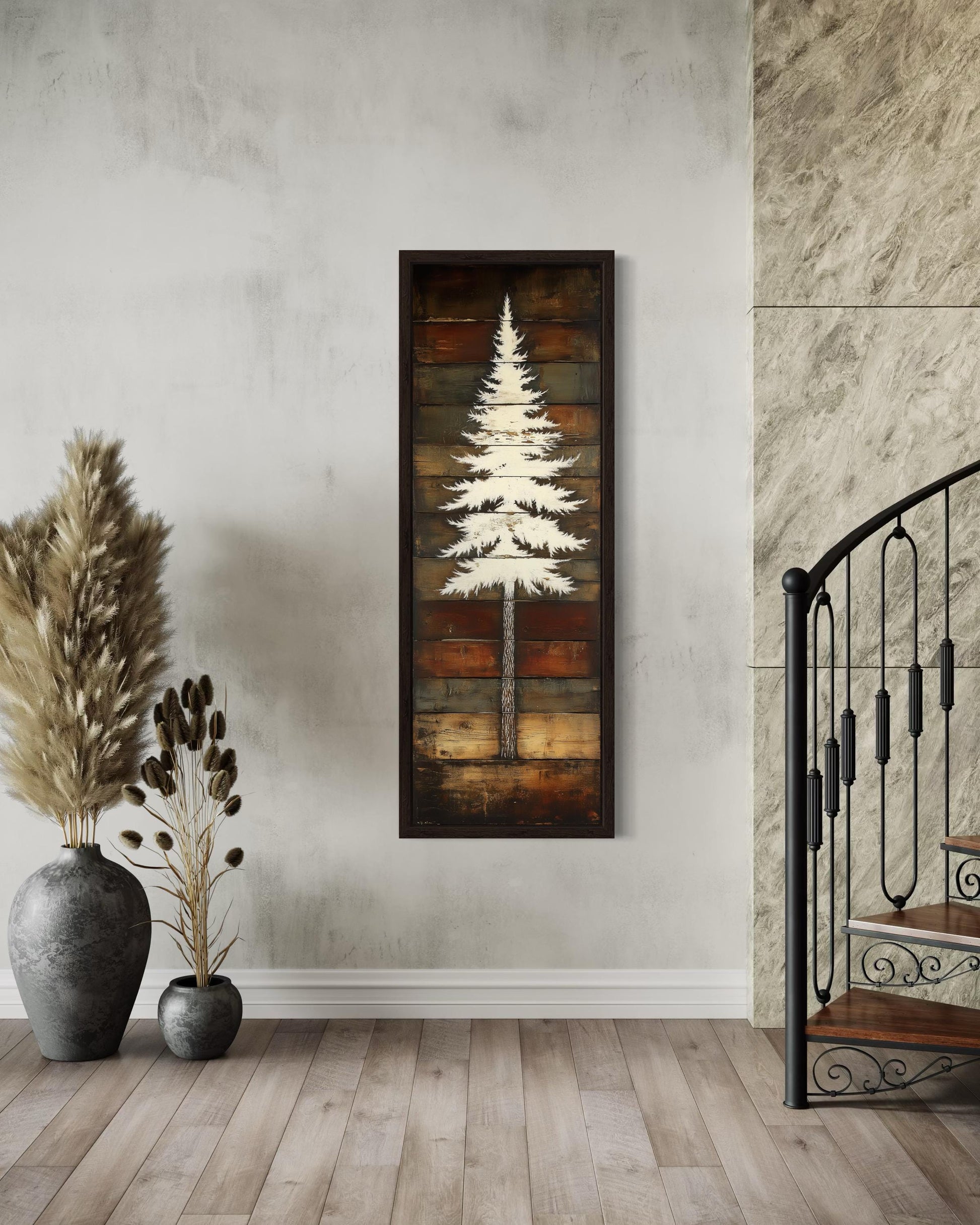Tall Vertical Rustic Pine Tree Wood Style Canvas Wall Art For Cabin Decor