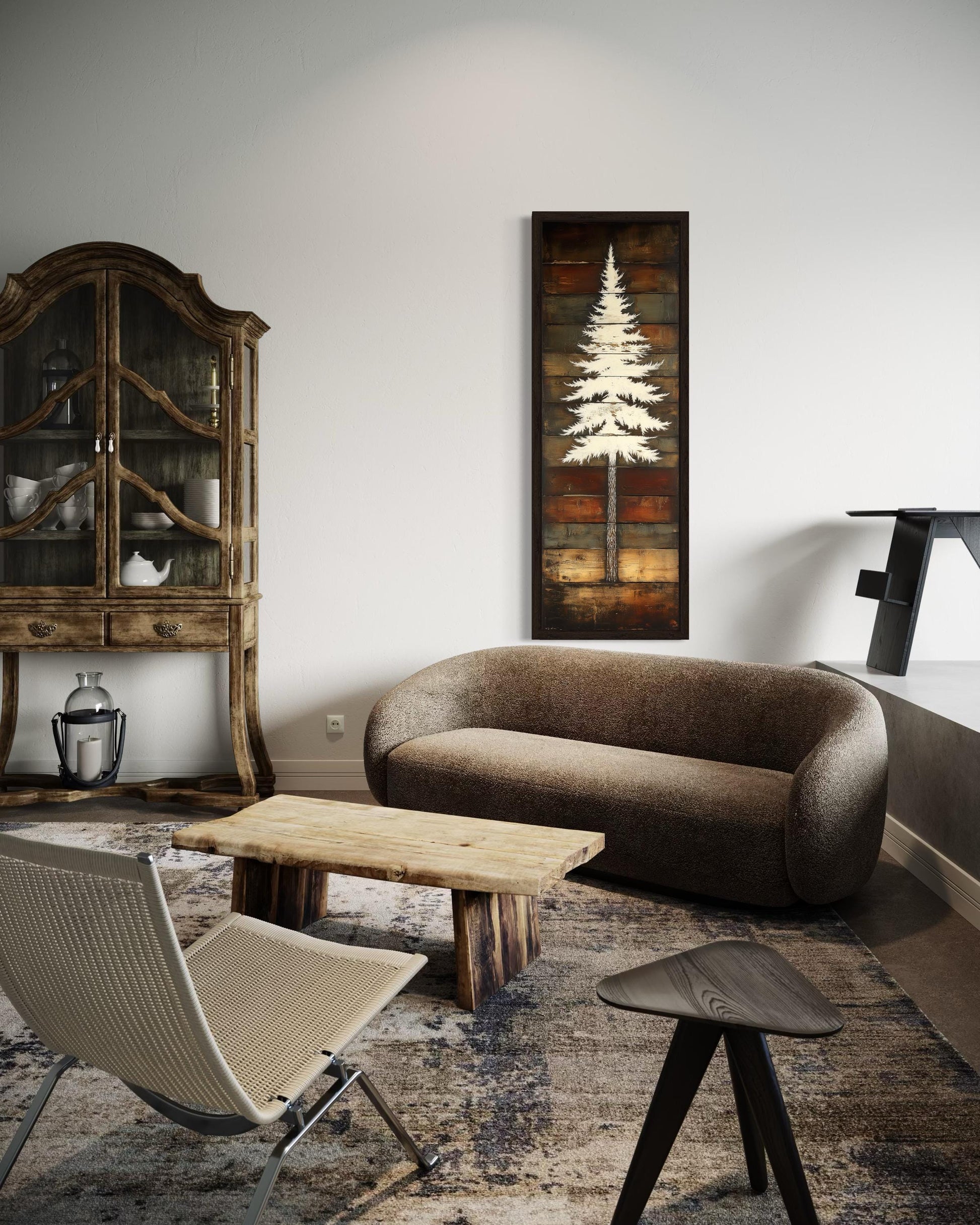Tall Vertical Rustic Pine Tree Wood Style Canvas Wall Art For Cabin Decor