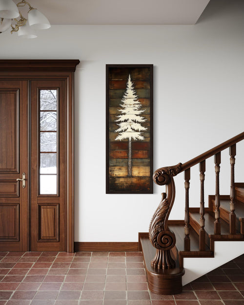 Tall Vertical Rustic Pine Tree Wood Style Canvas Wall Art For Cabin Decor