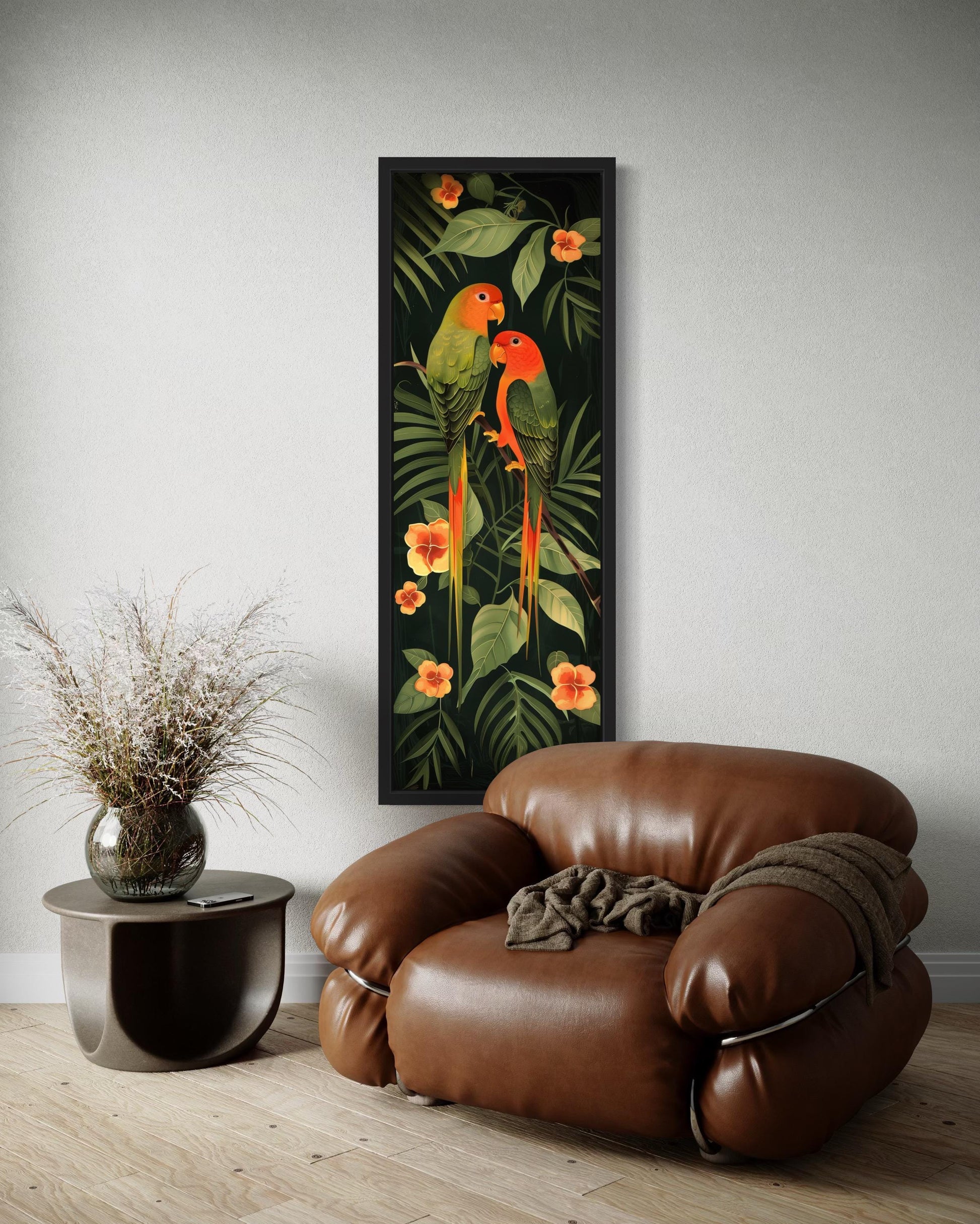 Tall Vertical Tropical Birds In Jungle Leaves Framed Canvas Wall Art