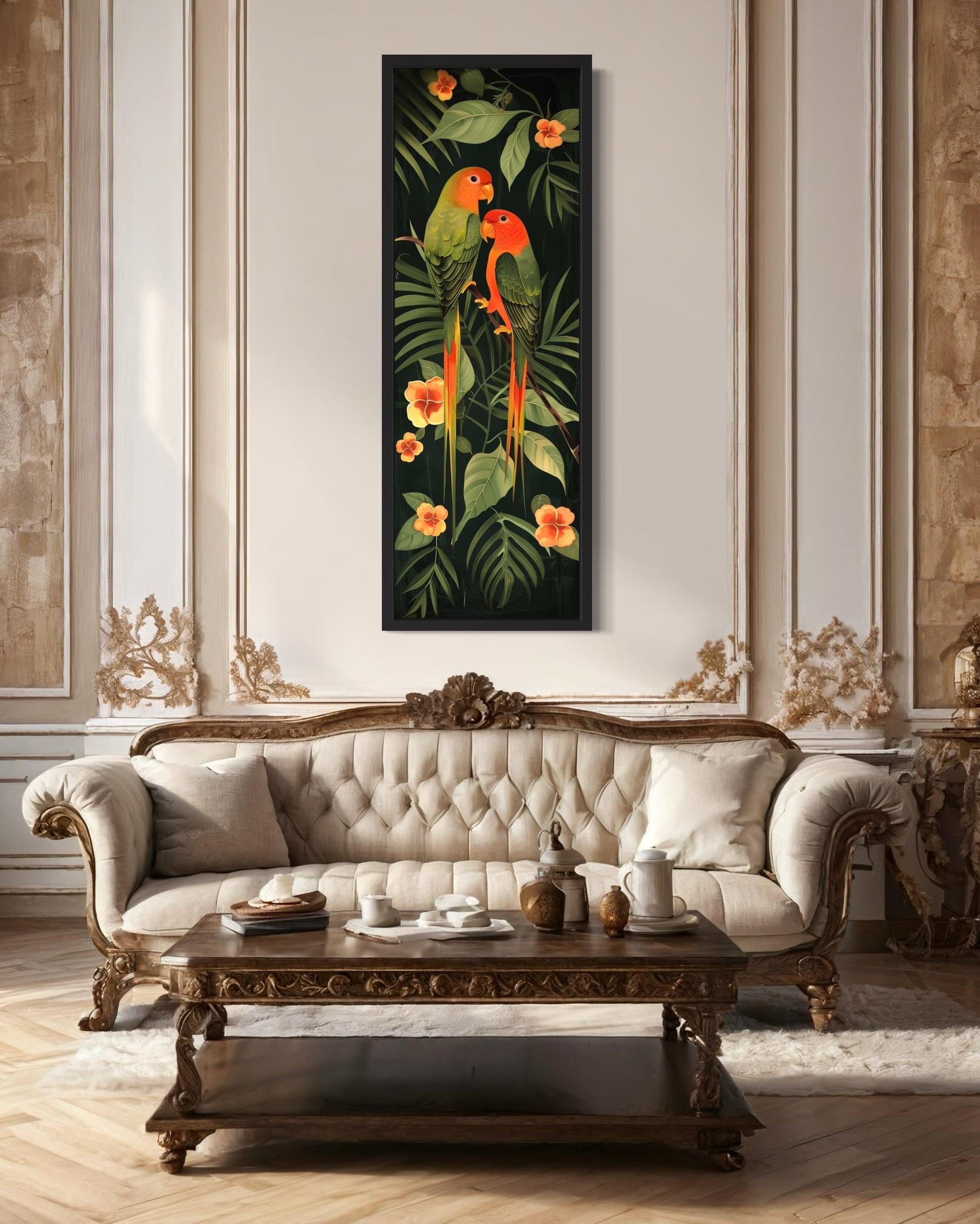 Tall Vertical Tropical Birds In Jungle Leaves Framed Canvas Wall Art