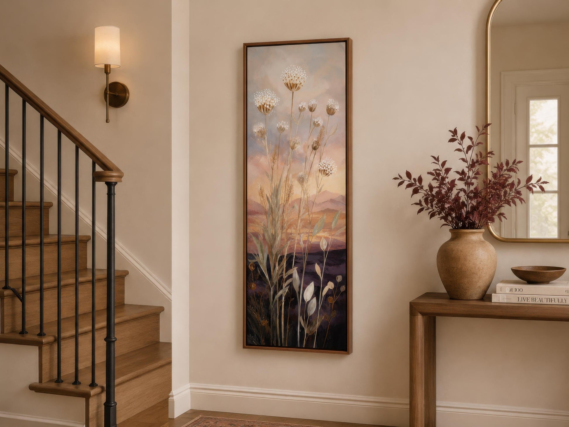 Tall Vertical Wildflower Sunset Wall Art | Gold Purple Botanical Decor