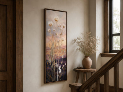 Tall Vertical Wildflower Sunset Wall Art | Gold Purple Botanical Decor