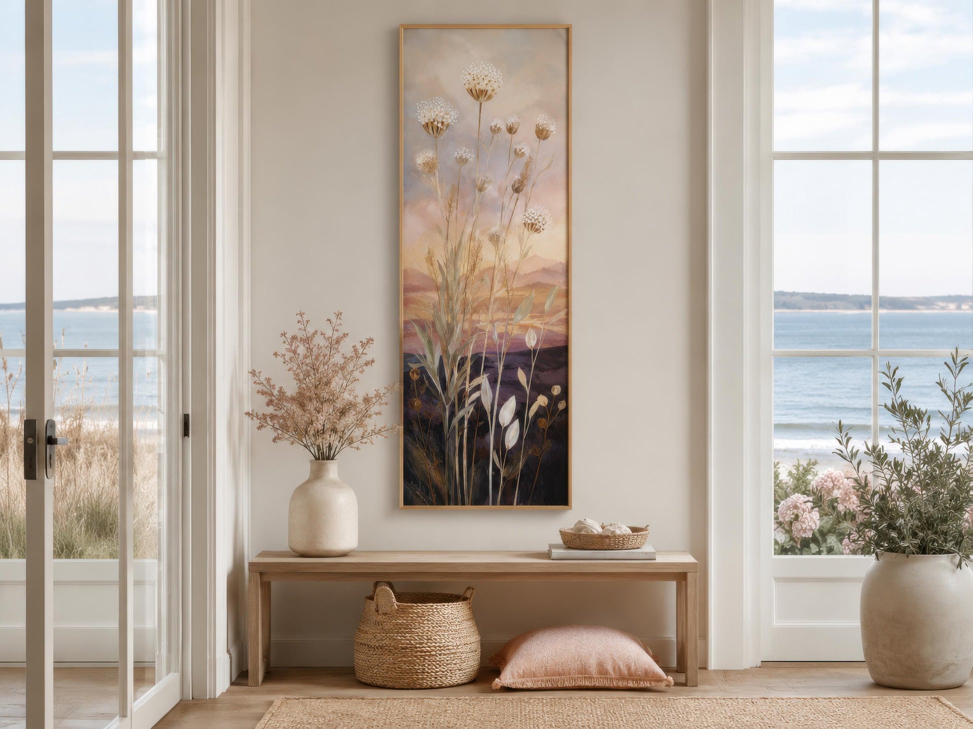 Tall Vertical Wildflower Sunset Wall Art | Gold Purple Botanical Decor