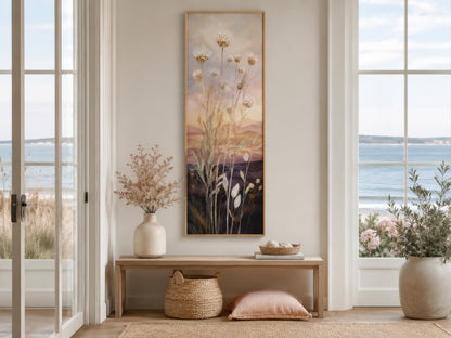 Tall Vertical Wildflower Sunset Wall Art | Gold Purple Botanical Decor