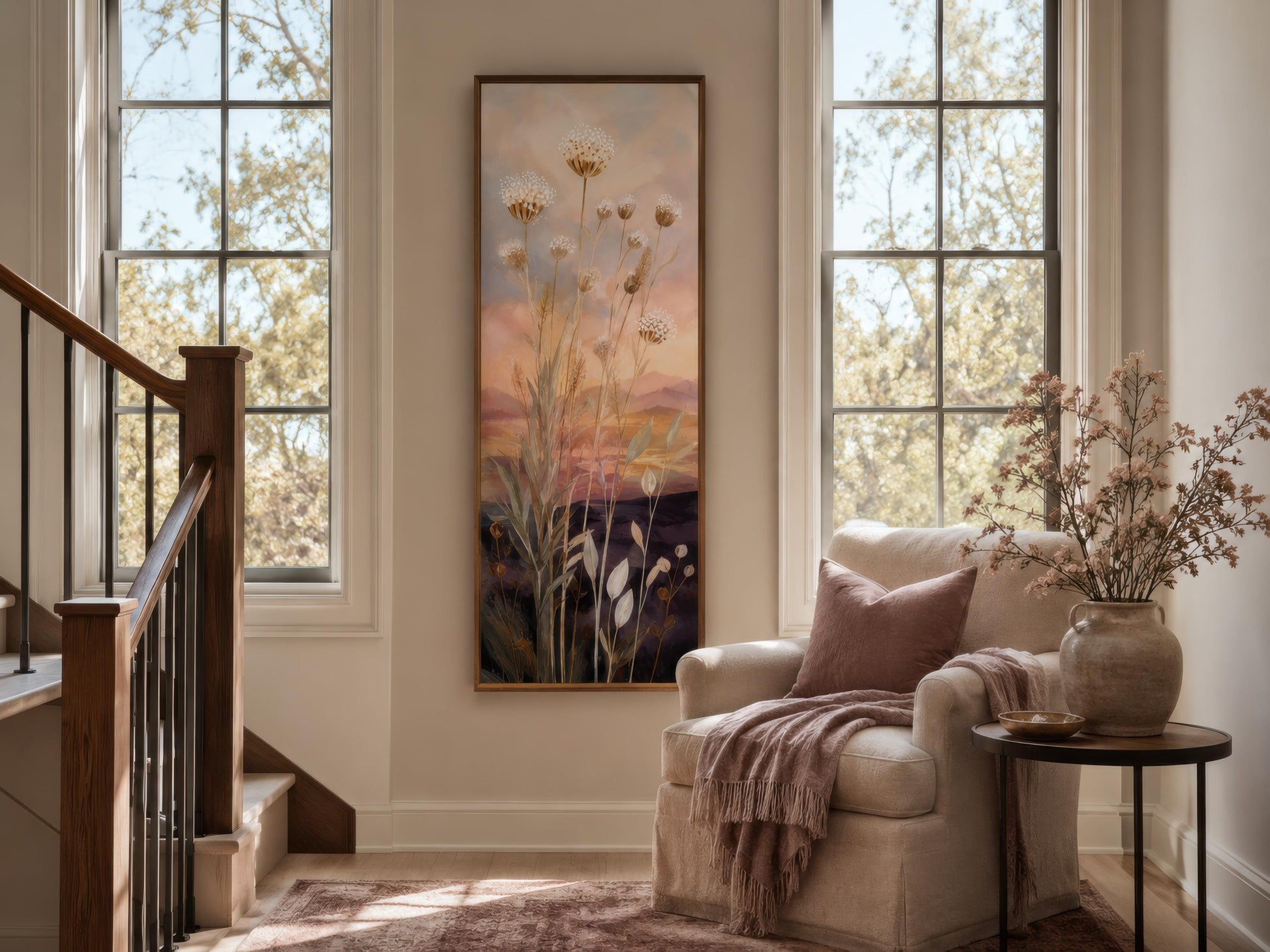 Tall Vertical Wildflower Sunset Wall Art | Gold Purple Botanical Decor