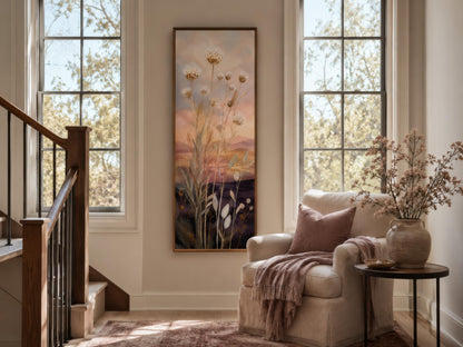 Tall Vertical Wildflower Sunset Wall Art | Gold Purple Botanical Decor