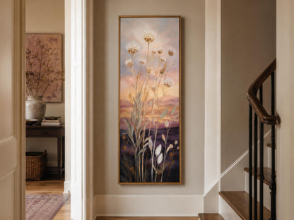Tall Vertical Wildflower Sunset Wall Art | Gold Purple Botanical Decor
