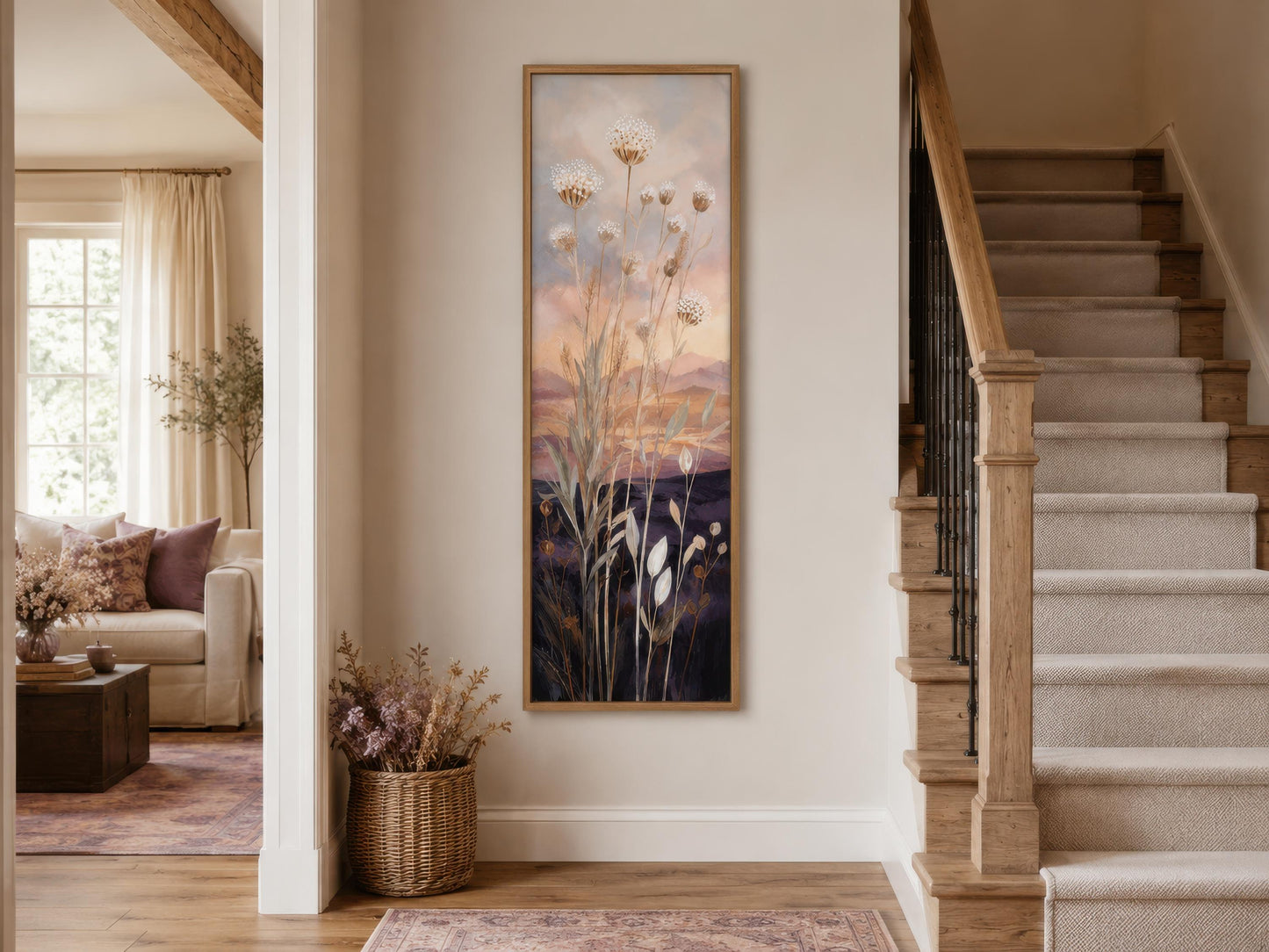 Tall Vertical Wildflower Sunset Wall Art | Gold Purple Botanical Decor