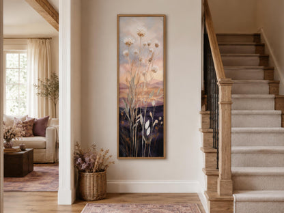 Tall Vertical Wildflower Sunset Wall Art | Gold Purple Botanical Decor