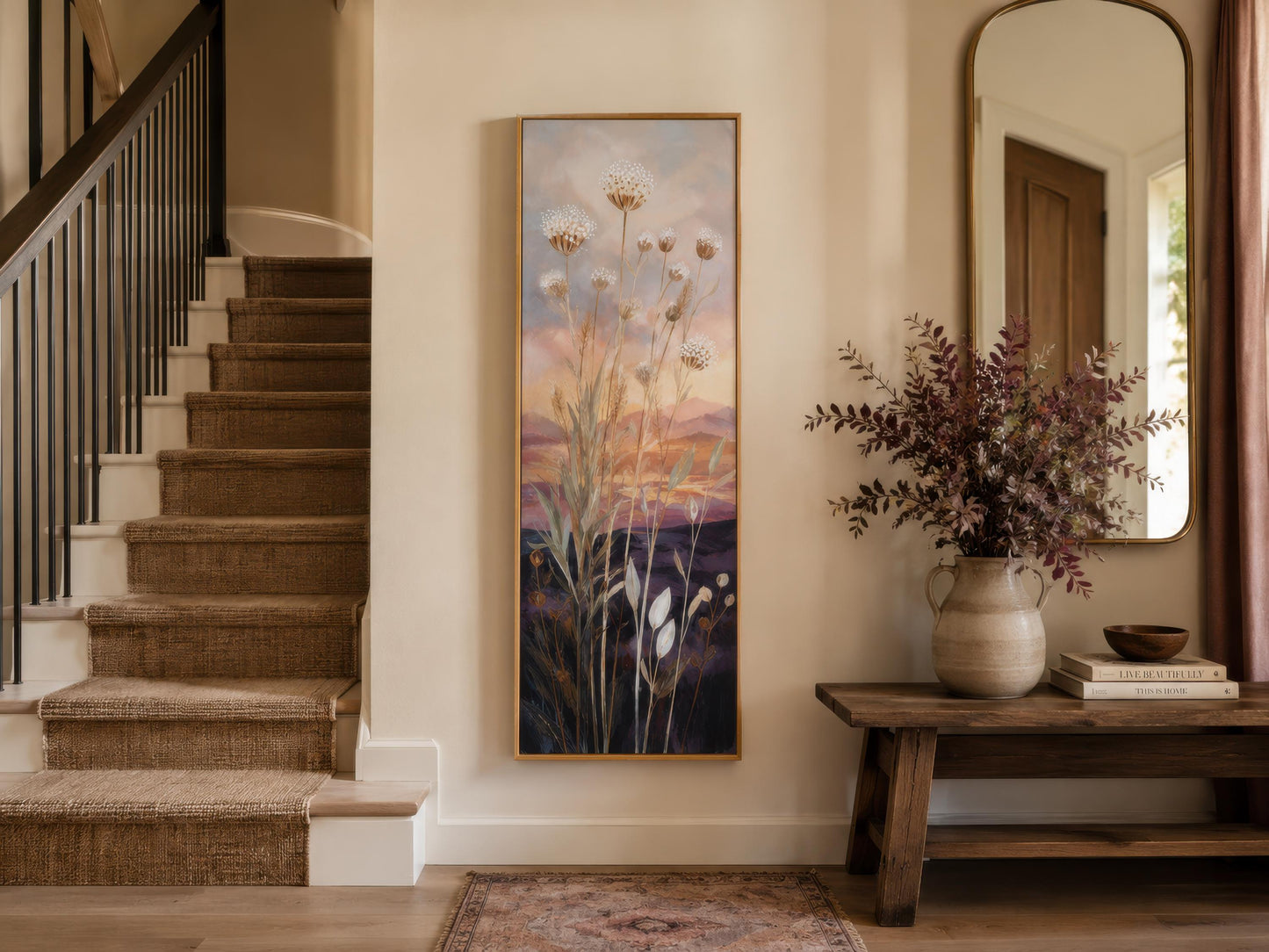 Tall Vertical Wildflower Sunset Wall Art | Gold Purple Botanical Decor