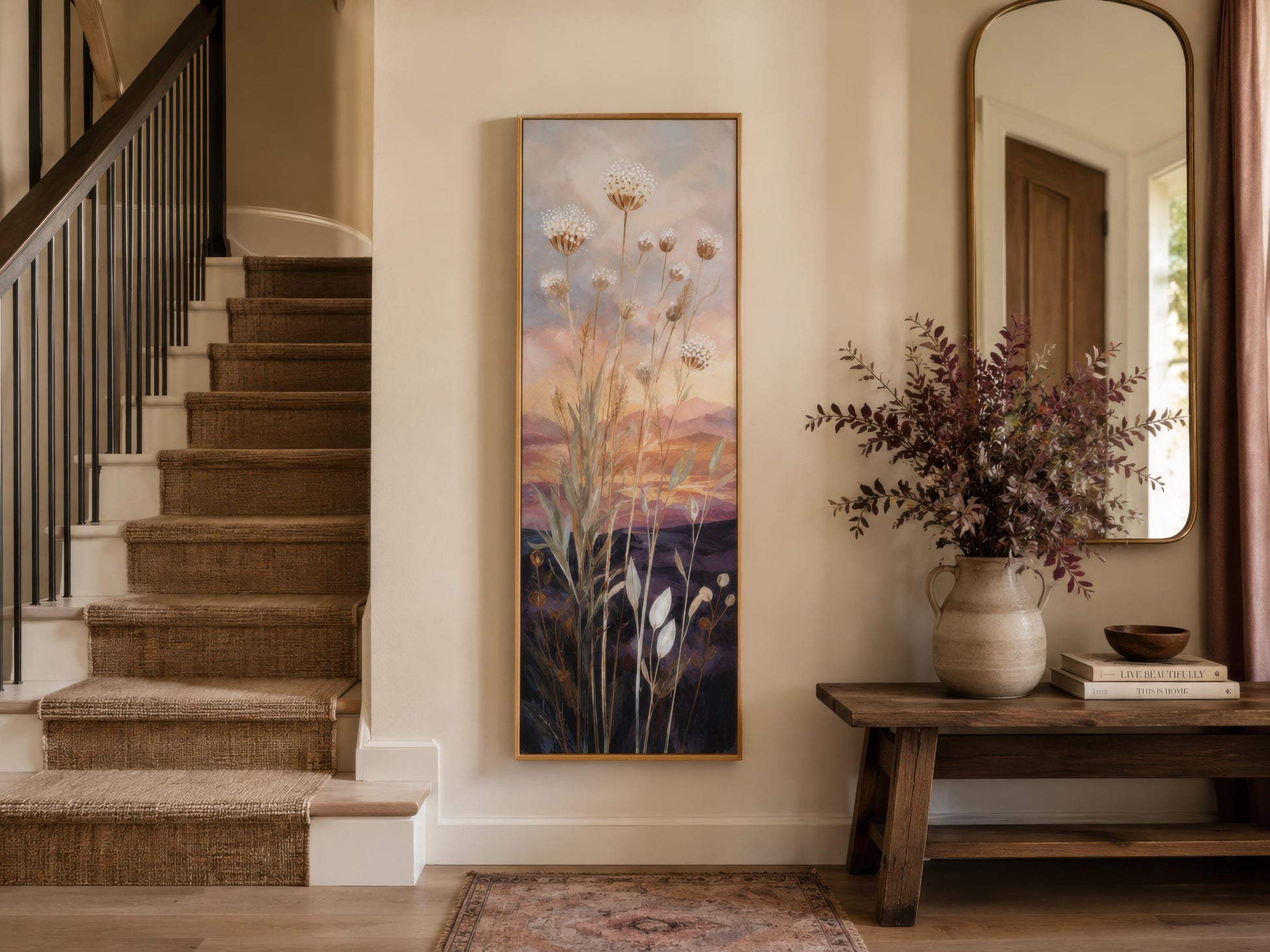 Tall Vertical Wildflower Sunset Wall Art | Gold Purple Botanical Decor