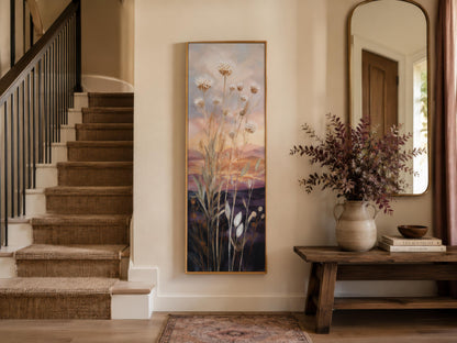 Tall Vertical Wildflower Sunset Wall Art | Gold Purple Botanical Decor