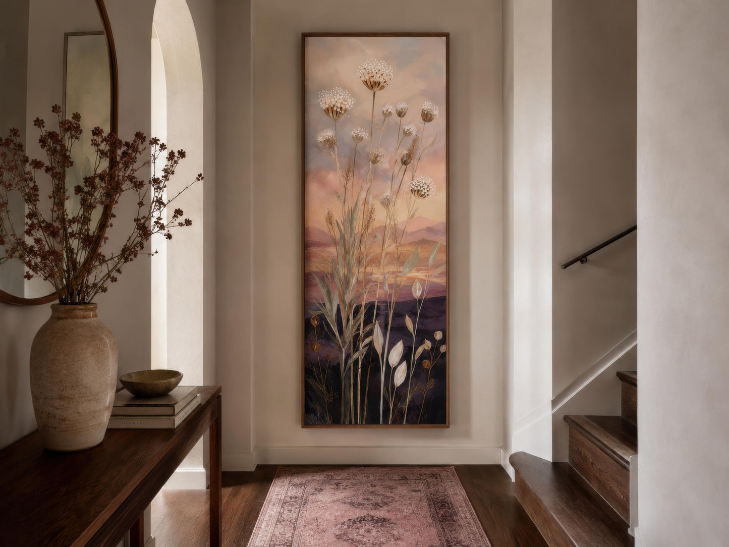 Tall Vertical Wildflower Sunset Wall Art | Gold Purple Botanical Decor