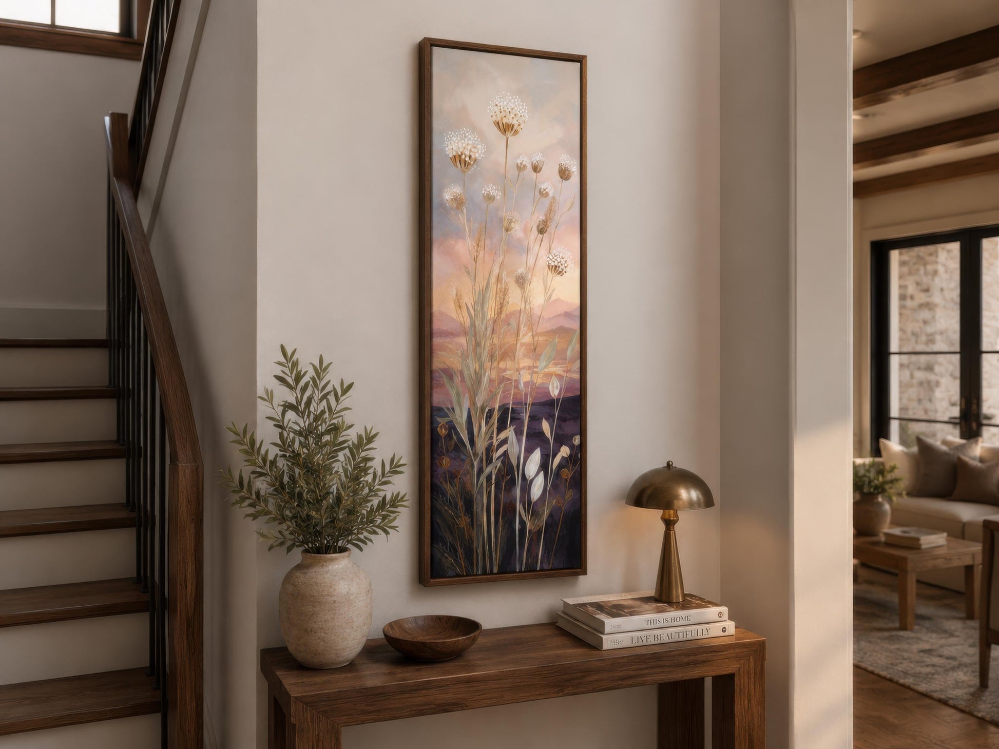 Tall Vertical Wildflower Sunset Wall Art | Gold Purple Botanical Decor