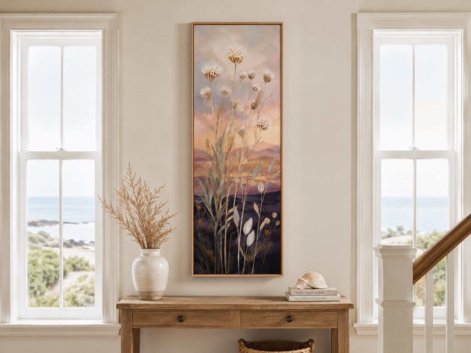 Tall Vertical Wildflower Sunset Wall Art | Gold Purple Botanical Decor