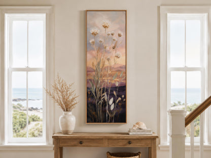 Tall Vertical Wildflower Sunset Wall Art | Gold Purple Botanical Decor
