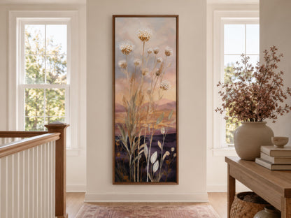 Tall Vertical Wildflower Sunset Wall Art | Gold Purple Botanical Decor