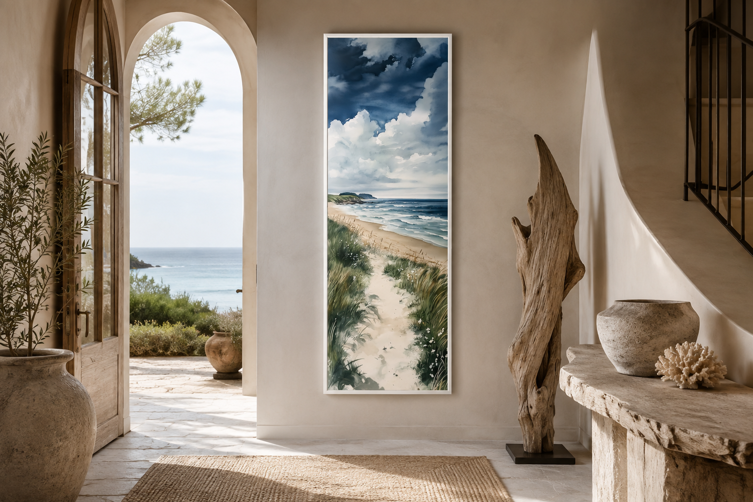Tall Narrow Seashore Beach Coastal Vertical Framed Canvas Wall Art