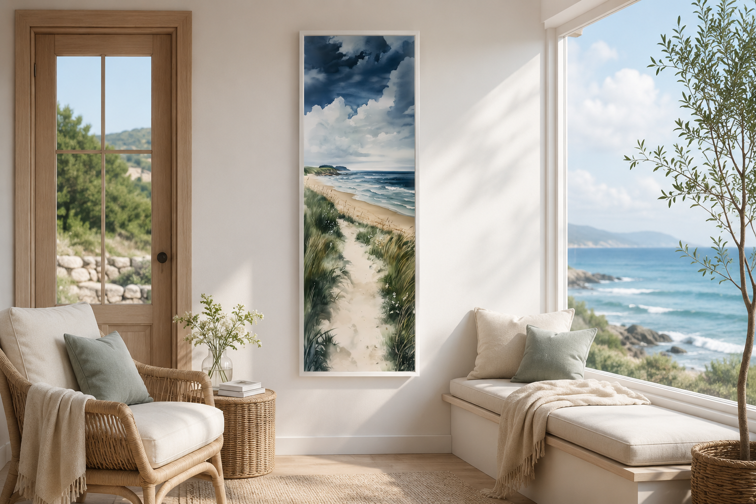 Tall Narrow Seashore Beach Coastal Vertical Framed Canvas Wall Art