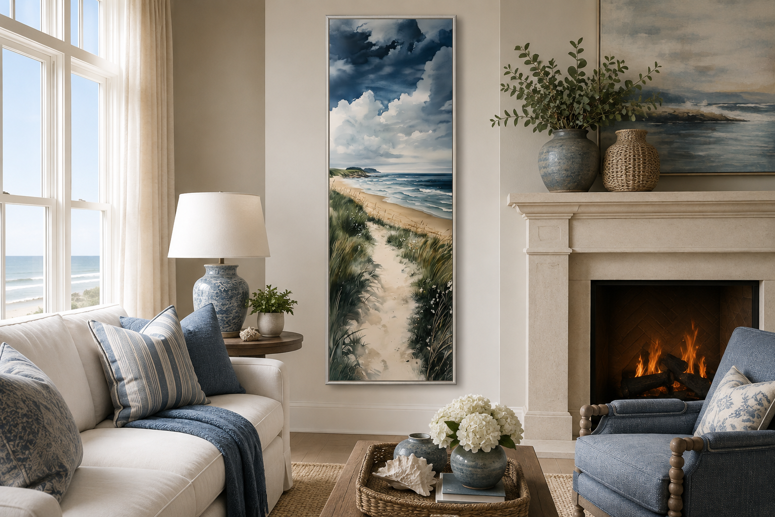 Tall Narrow Seashore Beach Coastal Vertical Framed Canvas Wall Art