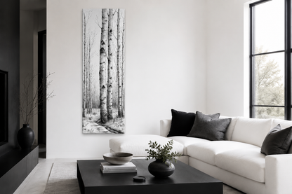 Tall Narrow Birch Trees Black White Vertical Framed Canvas Wall Art