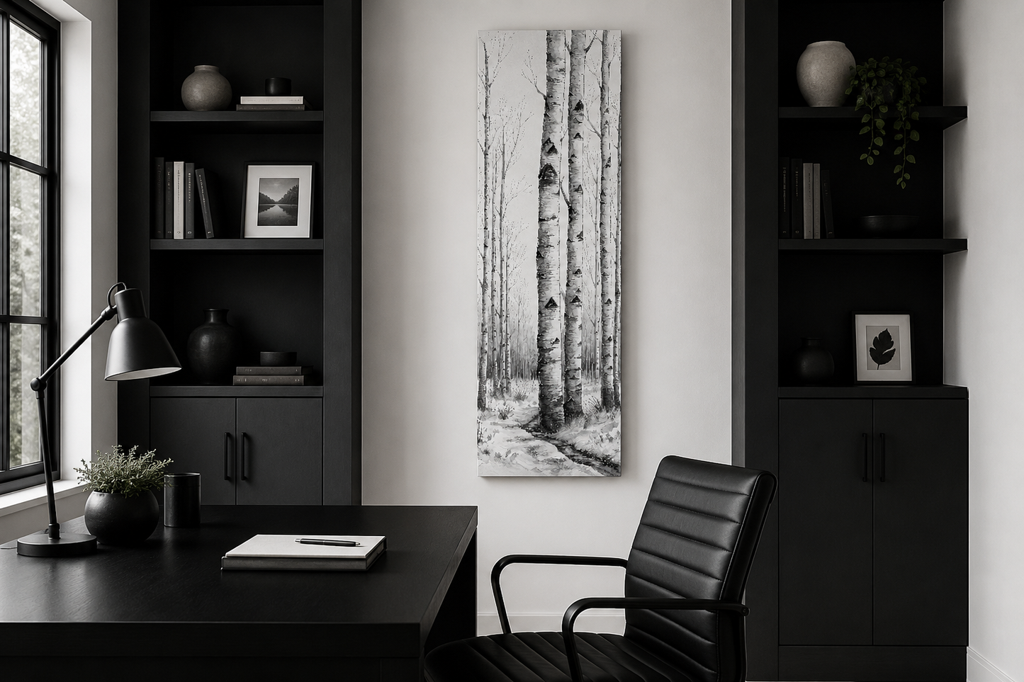 Tall Narrow Birch Trees Black White Vertical Framed Canvas Wall Art