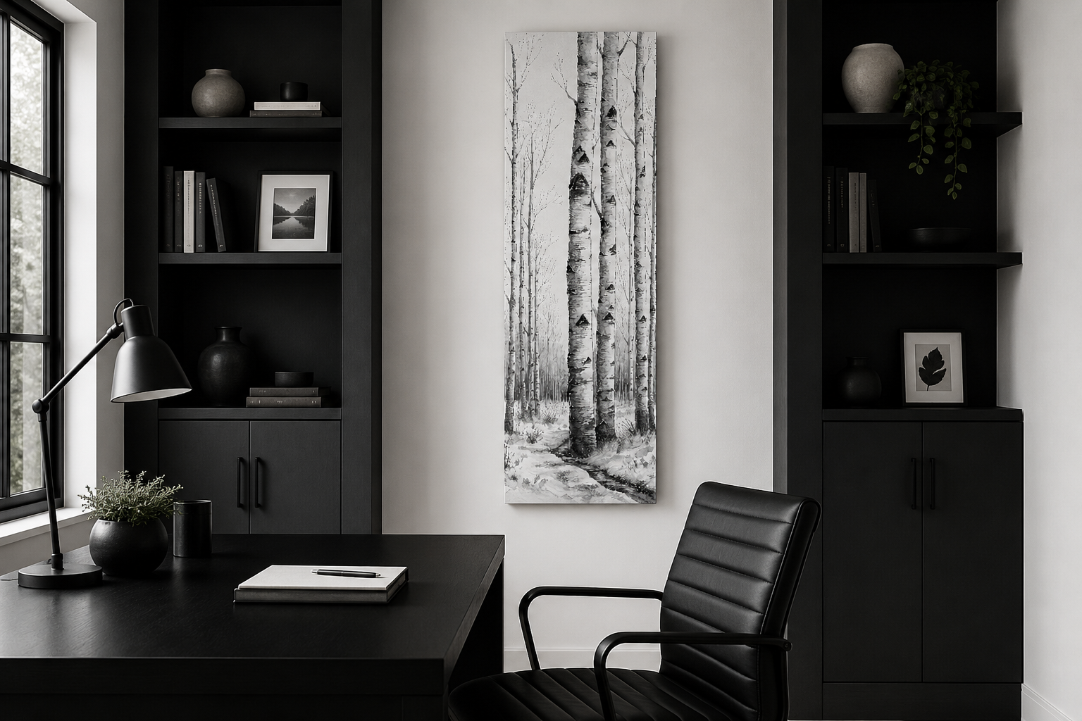 Tall Narrow Birch Trees Black White Vertical Framed Canvas Wall Art